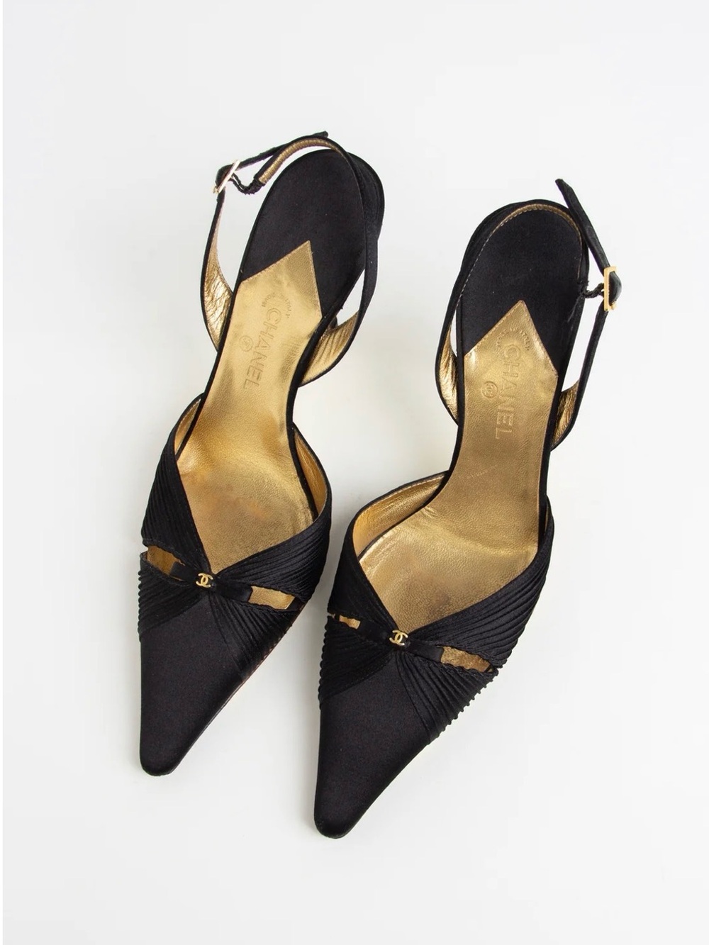 AUTHENTIC CHANEL Black Satin Pointed Slingback Heels with Mini Gold CC Logo